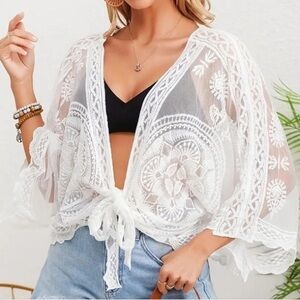 White Sheer Lace Embroidered Kimono Cover Up Top